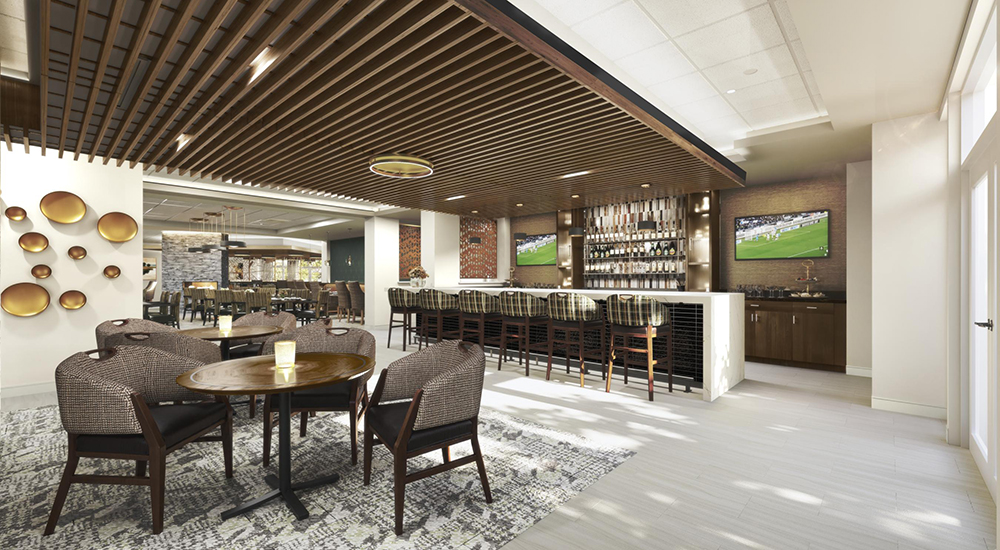 Bar and dining room at Cabot Park Village independent living community in Newtonville, Massachusetts