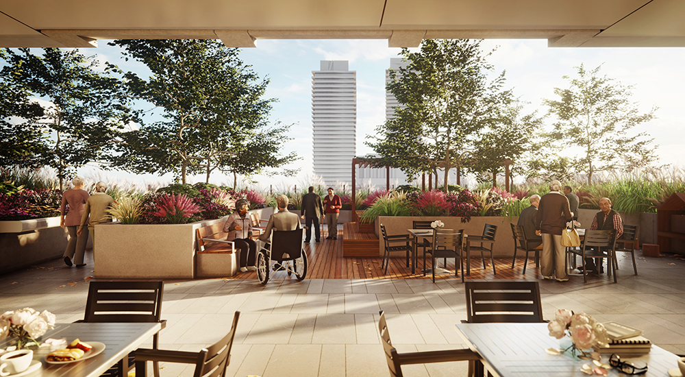 Outdoor terrace at The Rekai Centre at Cherry Place long-term care community in Toronto, Canada